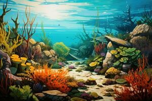 Underwater world with corals and fishes. 3d illustration, Discover an information hub with a bustling notice board, exchanging and displaying important notes and announcements, AI Generated photo