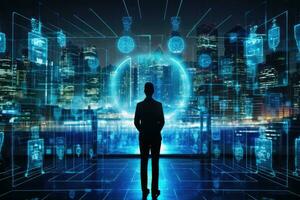 Silhouette of a businessman standing in front of a futuristic city with binary code and hologram, Cyber security data protection business technology privacy concept on virtual screen, AI Generated photo