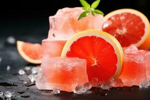 Grapefruit slices with ice cubes on black background, closeup, Delicious fruit ice grapefruit and ice on a stone background, AI Generated photo