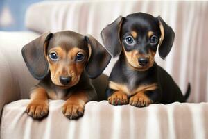 Cute dachshund puppies on sofa, on light background, Dachshund puppy and tabby kitten on a white sofa, AI Generated photo