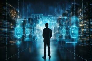 Back view of businessman looking at digital hologram. Technology concept. 3D Rendering, Cyber security data protection business technology privacy concept on virtual screen, AI Generated photo