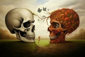Human skull and human skeleton in the autumn forest. Halloween concept, difference between life and death, AI Generated photo