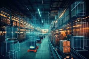 Double exposure of warehouse with boxes and forklift. Logistics and transportation concept, digital warehouse with electronic grids connected photo