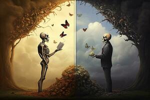 Conceptual two images of a man and a woman in a dead forest, difference between life and death, AI Generated photo