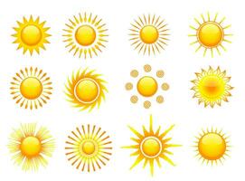 Sun icons vector symbol set. Collection of sun stars for use in as logo or weather icon. Various icons with rays. Vector illustration