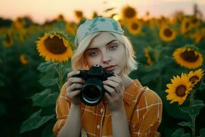 Blond hair girl sunflower camera. Generate Ai photo