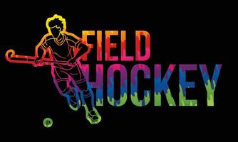 Graffiti Field Hockey Font Design with Male Player Action Cartoon Graphic Vector