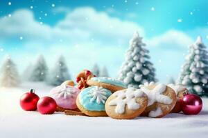 Christmas cookies winter background. Generate Ai photo