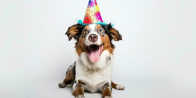 ai generado. ai generativo. linda gracioso perro mascota en cumpleaños fiesta sombrero celebracion. gráfico Arte foto