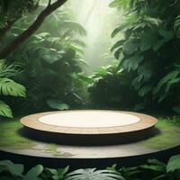 Minimal wooden product podium display, circular dais showcase platform with copy space. Outdoor background photo