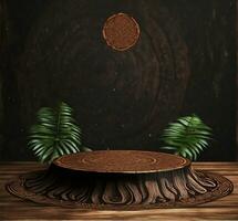 Minimal wooden product podium display, circular dais showcase platform with copy space. Outdoor background photo