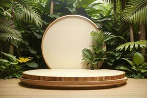 Minimal wooden product podium display, circular dais showcase platform with copy space. Outdoor background photo