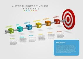 3d infographic 6 steps business planning to success circle target and arrow angle isometric cube multicolored white icon front Above and below there is text. gray gradient background vector