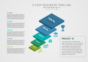 3d infographic 5 steps business multi colored squares stacked vertically numbers and text above left letter Multi-colored icon on the right and gray text outline in the middle.gray gradient background vector