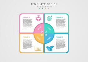 infografía modelo 4 4 negocio pasos multi de colores cuadrícula letras y íconos encima en blanco fondo, circulo en el centro, blanco números y letras arriba. gris degradado antecedentes vector