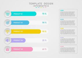 Infographic template White horizontal bar graph at bottom right There are percentage numbers on the top graph in many colors and letters. Left gray button There is a multi-colored icon in the middle. vector