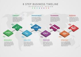 3D Infographic 8 Steps to Business Planning for Success Multi colored isometric squares, top white icon. Top and bottom text letters and numbers Underneath is a map with a gray gradient background. vector