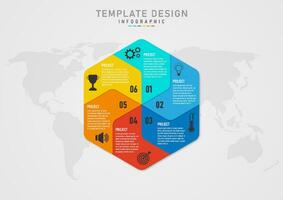infographic template 5 business projects hexagon divided into several sections of different colors numbers, letters and icons above Below is a map. gray gradient background vector