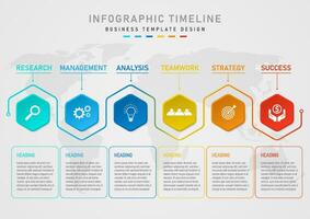 infographic 6 business planning process for success Multi-colored hexagons placed next to each other. The upper and lower outer outline icons have letters and a map below. gray gradient background vector