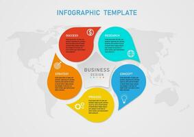 Infographic 5 Step Business Plan for Success multicolored geometric shapes letters and icons above In the center of the star shape and text above. Below is a map gray gradient background vector