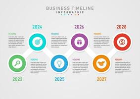 6 year timeline template infographic multi colored circles tiled The center icon is a small white circle, the top and bottom have letters and numbers on a gray gradient background. vector