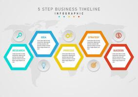 Infographic template 5 steps to business planning Multicolored hexagons with centered letters on a white background above and below with circles and icons in the middle. gray gradient background vector