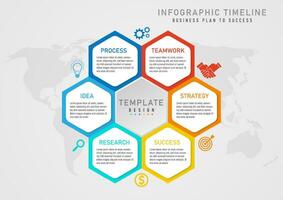 6 step business planning infographic to success multi colored hexagons Center text on a white background, center hexagonal button with letters The icons are around a gray gradient background. vector