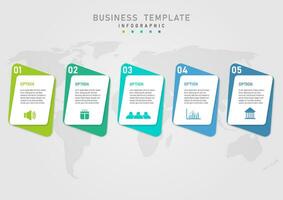 infografía modelo 5 5 negocio opciones multicolor cuadrícula con números en el rincones y blanco cuadrícula encima con multicolor letras y iconos mapa abajo gris degradado antecedentes vector