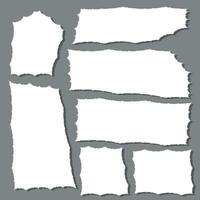 Pieces of torn white note paper different shapes isolated on gray background realistic vector illustration, Notepad torn paper for message note, page or banner and cardboard blank ripped piece strips