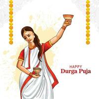 Beautiful indian bengali woman is dancing and holding dhunuchi in both hands background vector