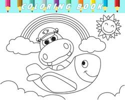 Coloring book of cute hippo on funny airplane. Vector cartoon illustration