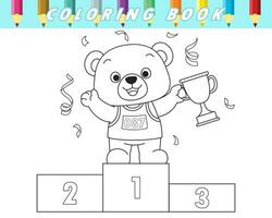 Coloring book for children. Cute bear holding trophy on podium. Vector cartoon illustration