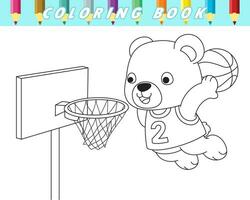 Coloring book of cute bear playing basketball. Vector cartoon illustration