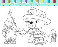 Coloring book of cute teddy bear in fireman costume extinguish flame with fire hose. Vector cartoon illustration