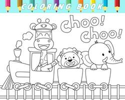 Coloring book of cute animals on steam train. Vector cartoon illustration