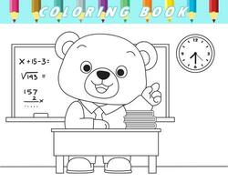 Coloring book for kids, cute teddy bear in classroom. Vector cartoon illustration