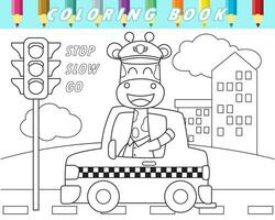 Coloring book of cute giraffe driving car in city road. Vector cartoon illustration