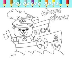 Coloring book for children. Cute bear in sailor uniform on boat. Vector cartoon illustration