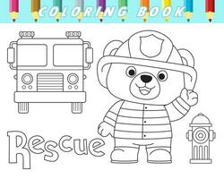Coloring book of cute bear in fireman uniform with fire truck and hydrant. Vector cartoon illustration
