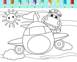 Coloring book of cute hippo on airplane. Vector cartoon illustration