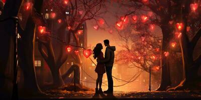 AI Generated. AI Generative. Couple hug each other at night with light glowing. Romantic love Valentines day relationships background. Graphic Art photo