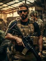 un hermoso soldado completamente armado vistiendo Gafas de sol. ai generativo foto