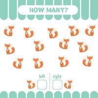 Educational worksheet for preschool kids to learn left and right. Count game. How many foxes go to the left and to the right. Counting game for kids vector