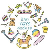 Set of children's toys. Bright toys in doodle style. Vector illustration. Vector