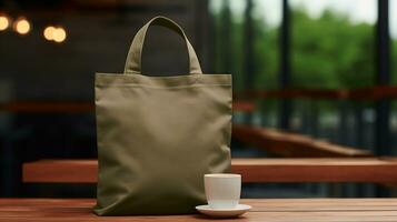 Generative AI, Realistic khaki tote canvas fabric bag set-up in at cafe interior, shopper mock up blank. photo