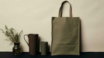 Generative AI, Realistic khaki tote canvas fabric bag set-up in at cafe interior, shopper mock up blank. photo