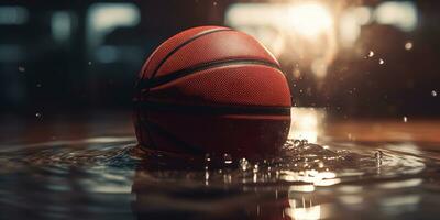 Generative AI, Basketball ball on the court with water splash and sunlight, closeup photo