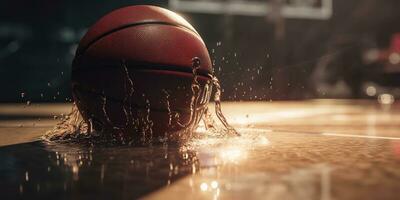 Generative AI, Basketball ball on the court with water splash and sunlight, closeup photo