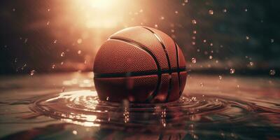 Generative AI, Basketball ball on the court with water splash and sunlight, closeup photo