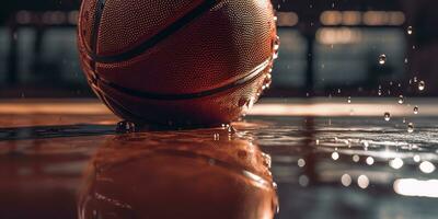 Generative AI, Basketball ball on the court with water splash and sunlight, closeup photo